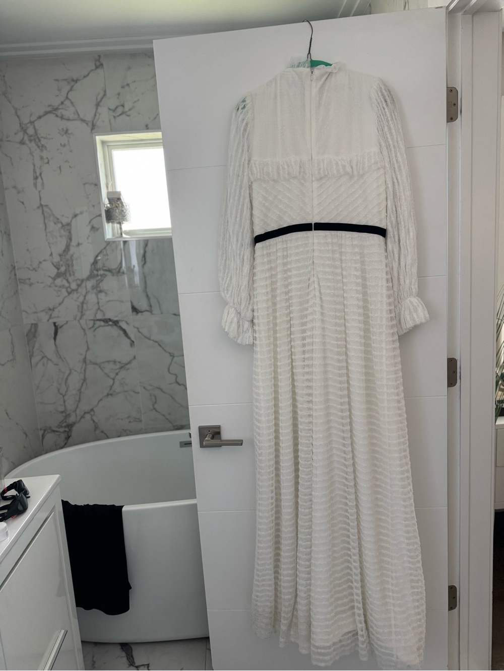 White Long-Sleeve Maxi Wedding Dress with Black Waist Accent